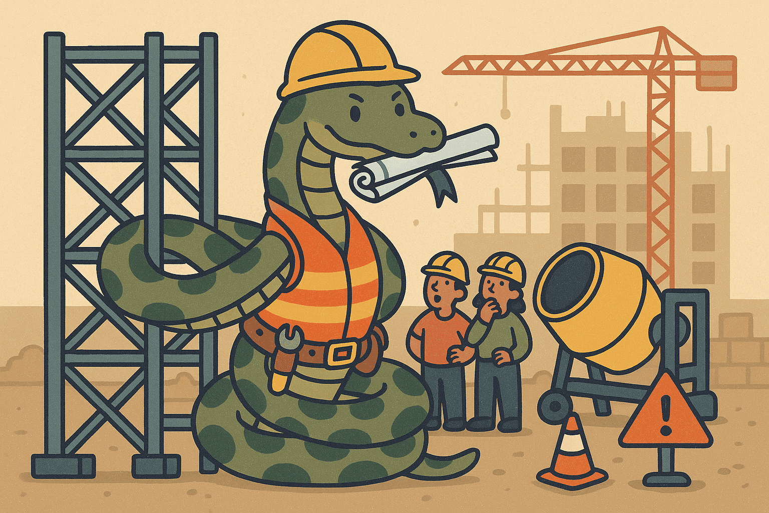 A cartoon boa constrictor wearing a bright yellow hard hat and tool belt, coiled around construction equipment at a building site with cranes and blueprints, looking professional and ready to work