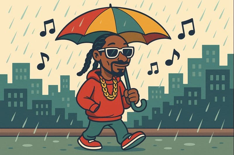 A cool cartoon character dressed like a rapper holding an umbrella in light rain