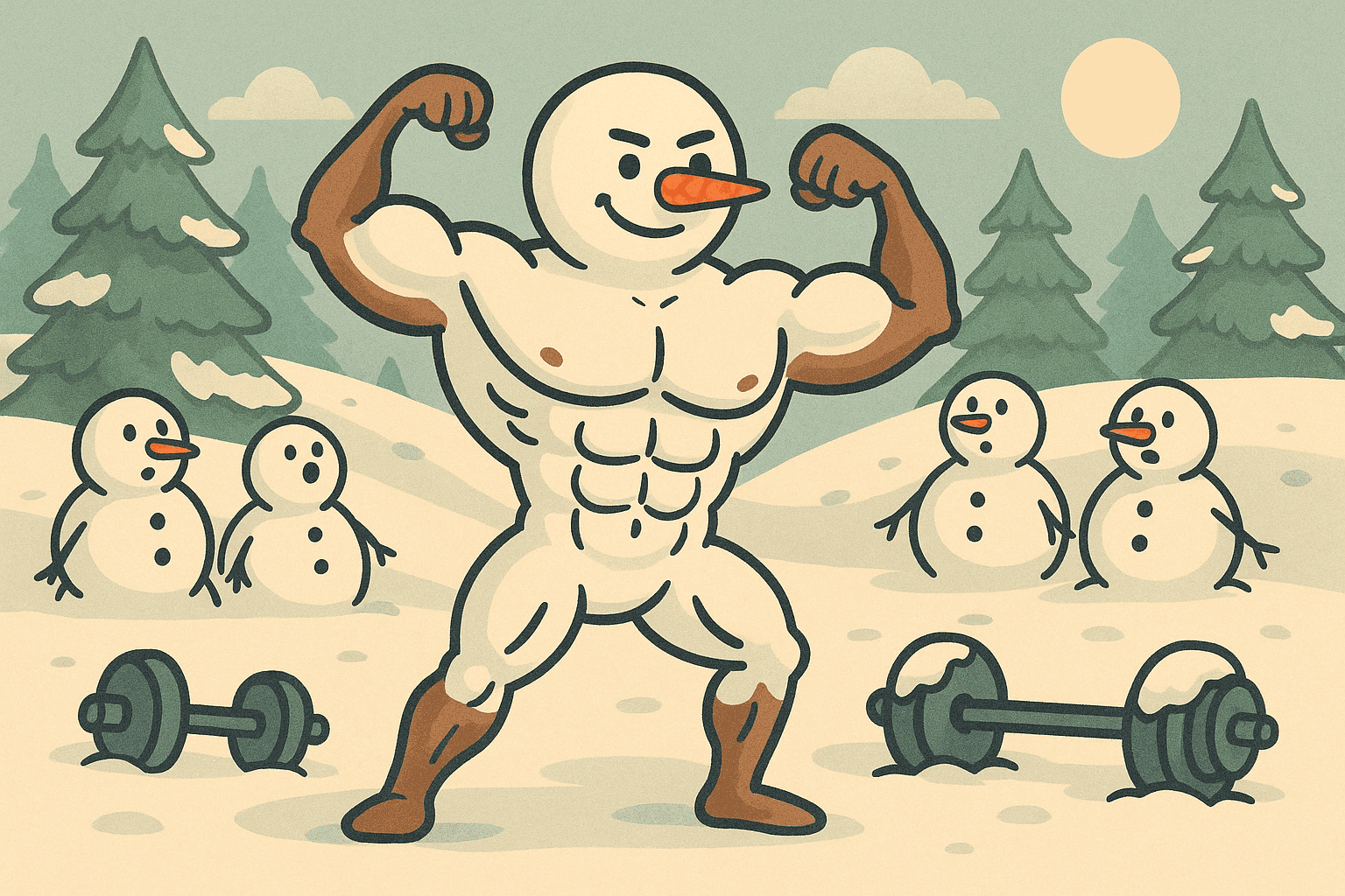 A cartoon snowman with well-defined abs showing through his snow body, flexing proudly while other regular snowmen look on in admiration, set in a snowy winter landscape with exercise equipment nearby