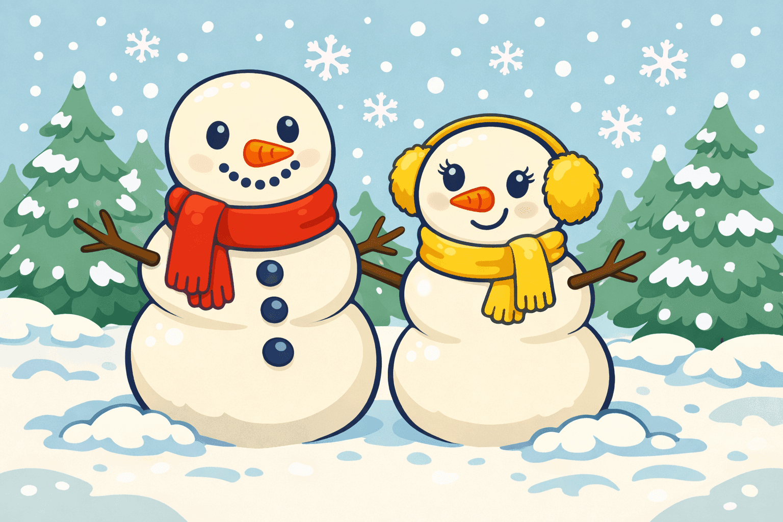 A cartoon snowman and snowwoman standing side by side showing the difference