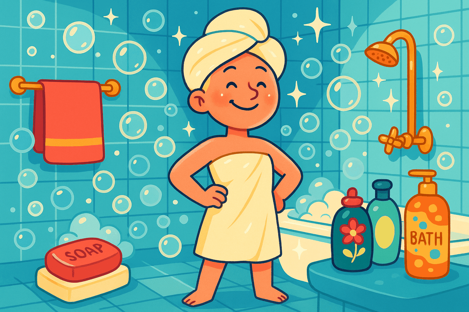 A humorous cartoon illustration of a proud person standing victoriously surrounded by soap bars and bubbles, looking refreshed and accomplished, with a 'recovery' certificate on the wall