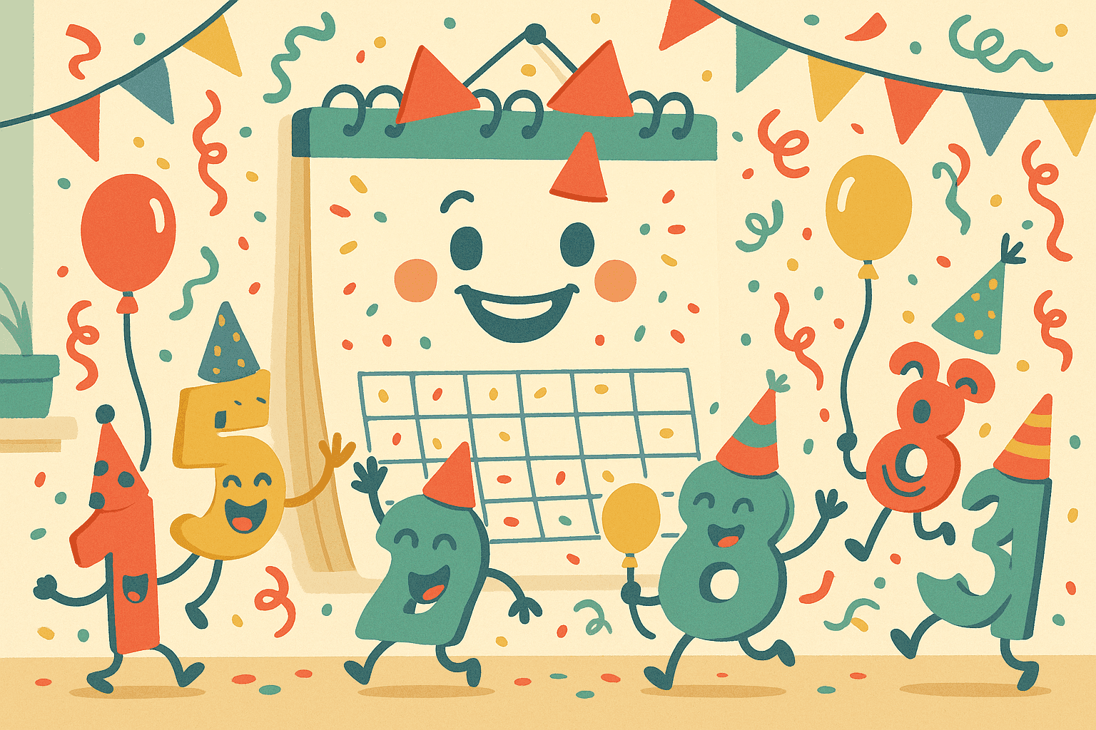 A cartoon calendar with a big smile surrounded by various anthropomorphic dates and numbers that look like they're having fun at a party, with confetti and celebration decorations around them