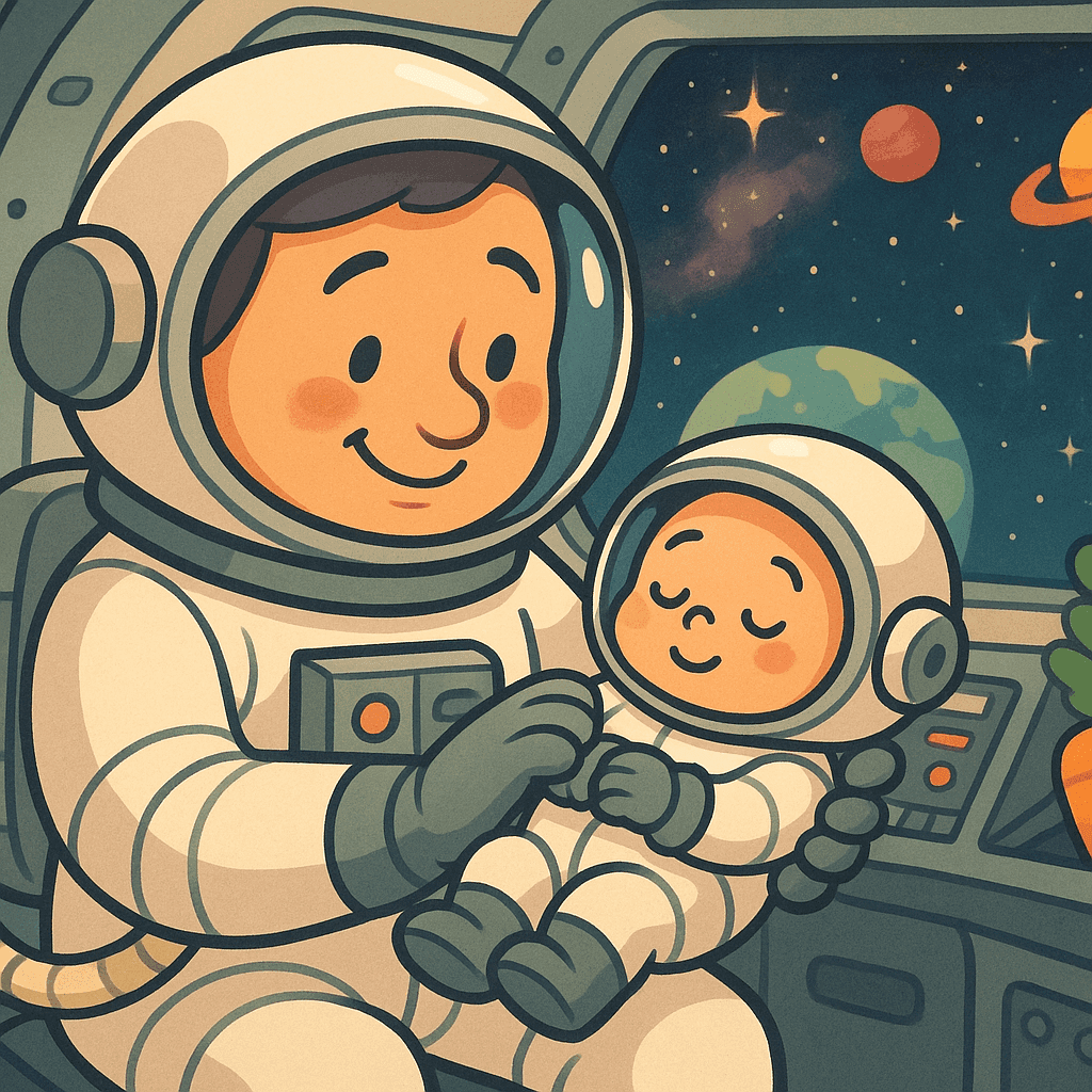 A cartoon astronaut in a space suit gently rocking a baby in a tiny astronaut outfit while floating in a spacecraft, with stars and planets visible through the windows