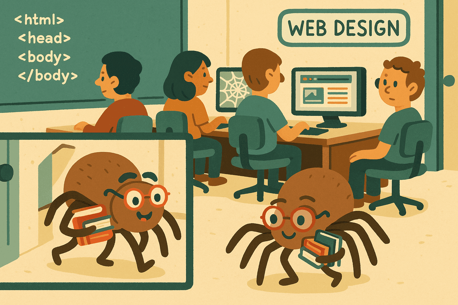 A cartoon spider wearing glasses and carrying textbooks walking into a computer science classroom, with a web browser showing actual spider webs on the screen and other students at computers learning web design