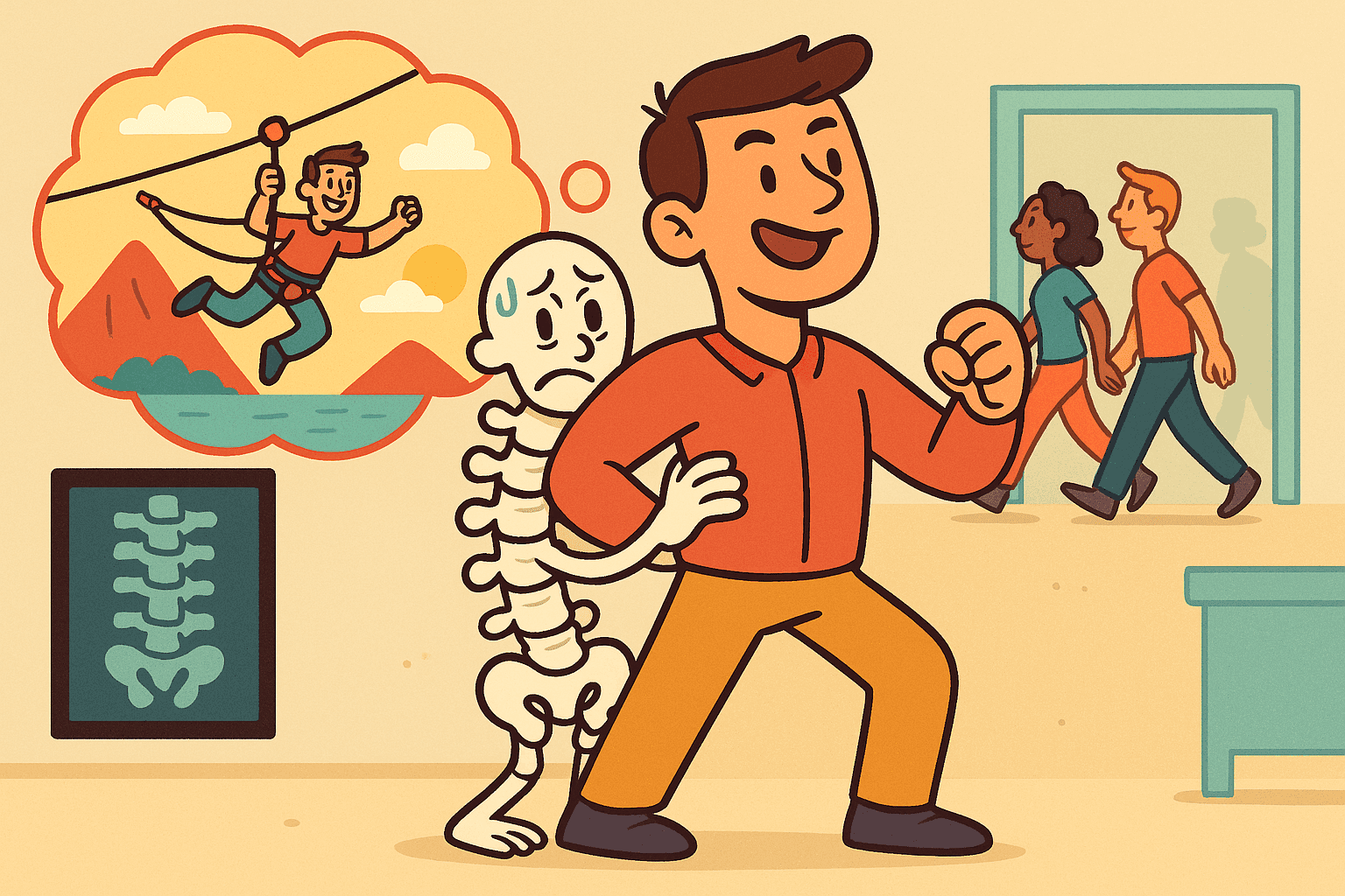 A cartoon spine character looking determined while someone pushes it from behind