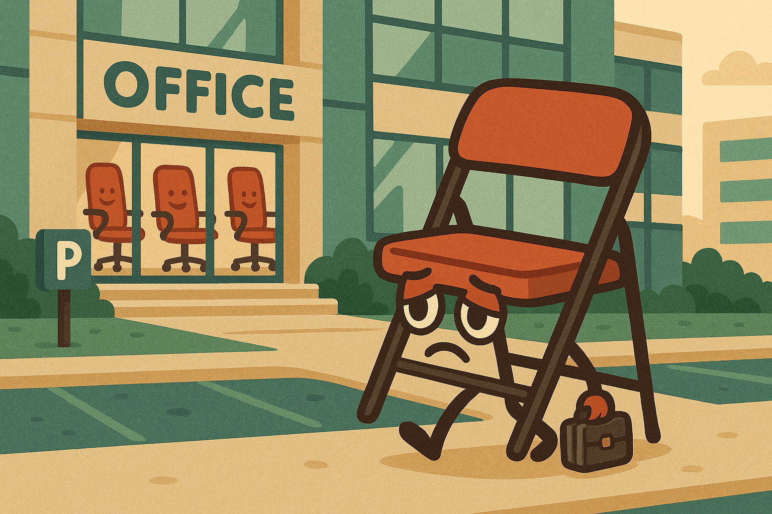 A cartoon folding chair with sad eyes and droopy posture walking away from an office building with a tiny suitcase, while other confident office chairs stand tall in the background