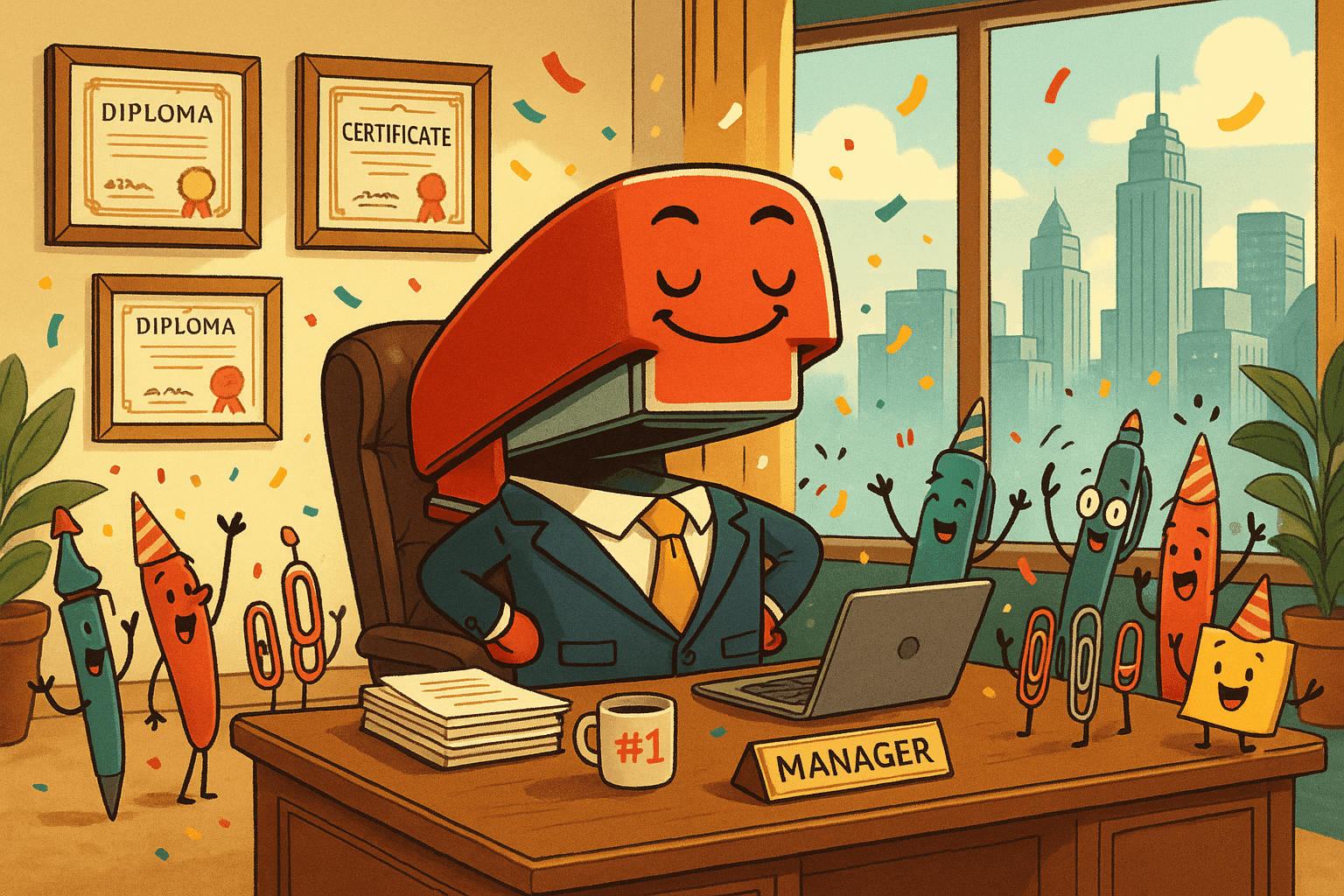 Cartoon illustration of a proud stapler wearing a business suit and tie standing in a corner office with a desk, diplomas on the wall, and other office supplies congratulating it