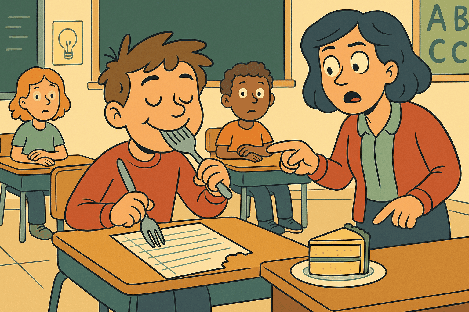 A cartoon student happily eating his homework paper with a fork and knife while sitting at a school desk, with a confused teacher pointing at an actual cake on her desk, creating the literal interpretation pun