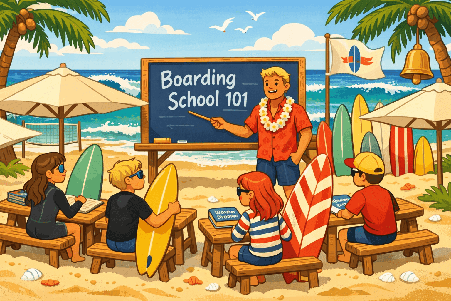 Cartoon surfers with surfboards attending school near the beach