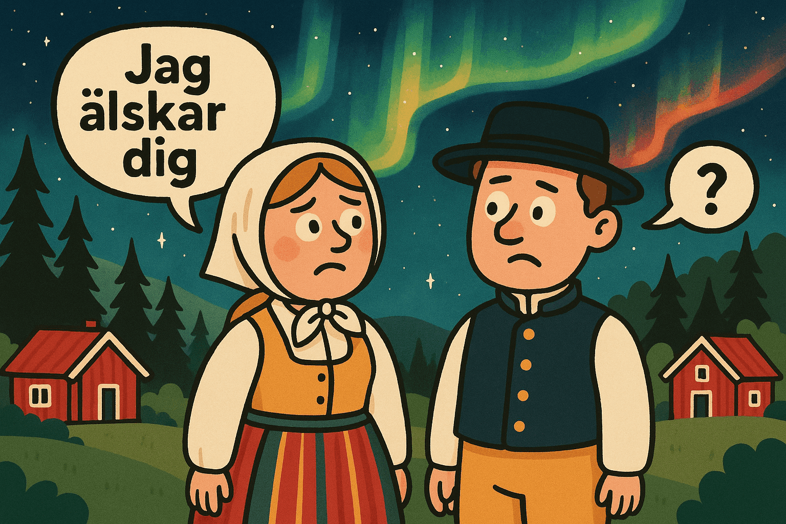 A humorous cartoon illustration of a Swedish couple in traditional folk costumes standing under the Northern Lights, with speech bubbles showing Swedish text instead of English, looking confused about the language expectation
