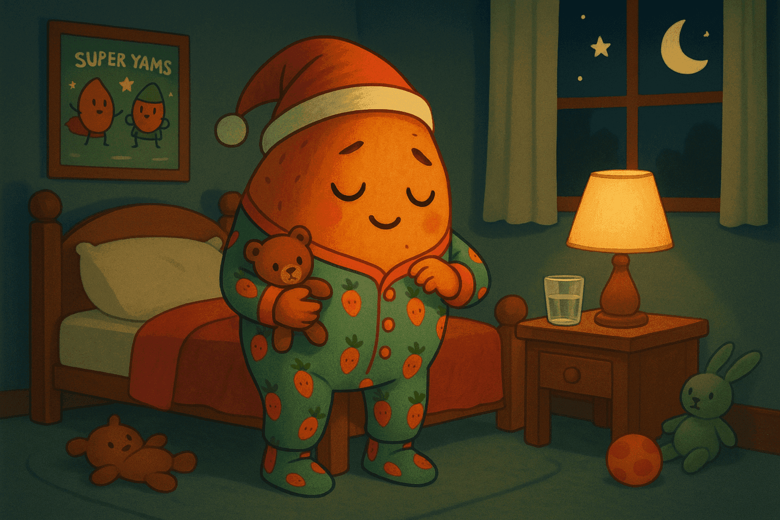 A cute cartoon sweet potato wearing pajamas and getting ready for bed with a nightcap