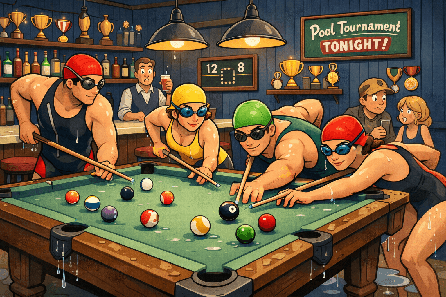 Cartoon swimmers playing pool billiards in a bar wearing swim gear
