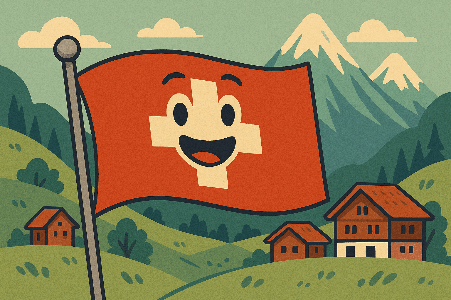 A cartoon Swiss flag with a happy face waving proudly on a flagpole, with the iconic red background and white cross prominently displayed, set against a backdrop of Swiss Alps and a charming village