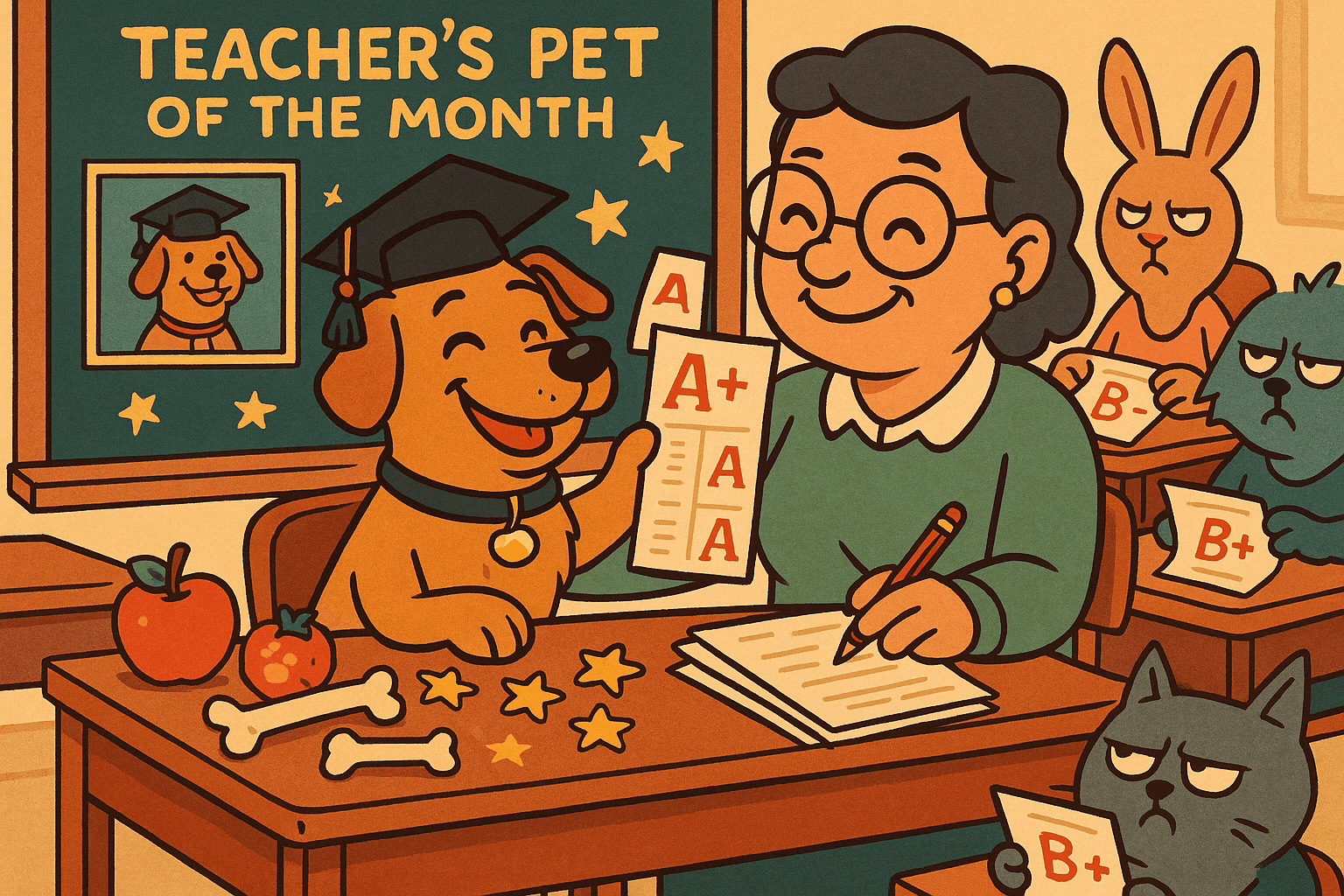 A proud cartoon dog wearing glasses sitting at a school desk with a perfect report card