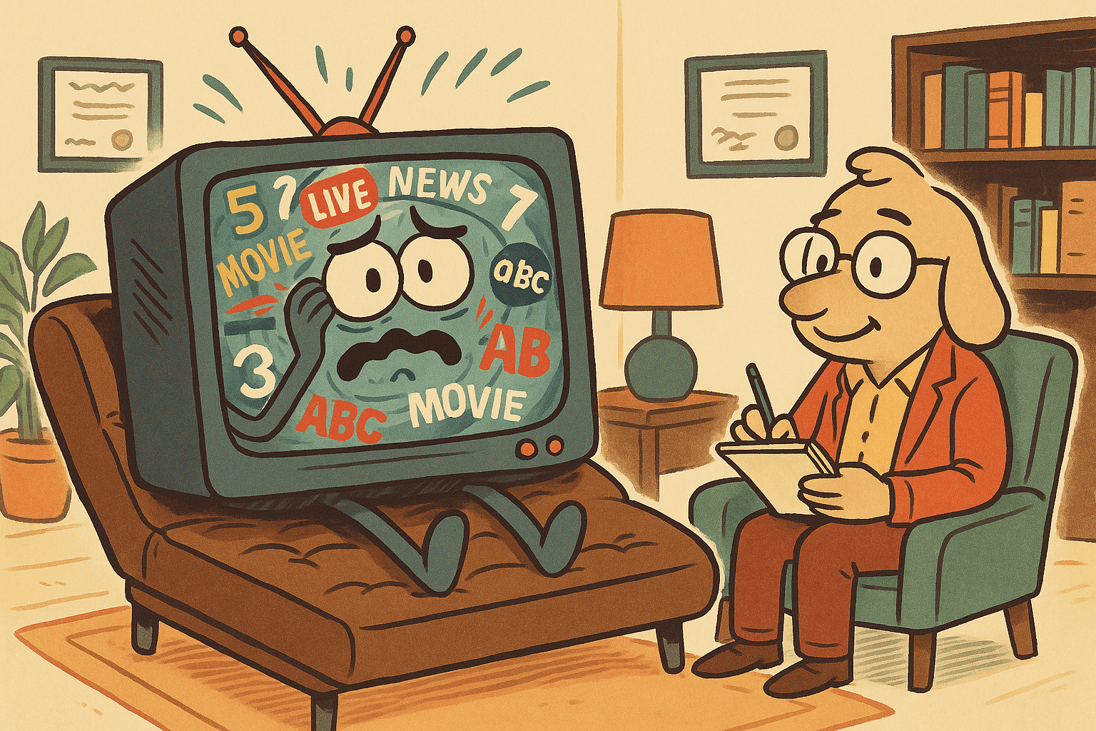 A cartoon TV with a stressed expression sitting on a therapist's couch, with multiple channel numbers and logos swirling chaotically around its screen while a friendly therapist with notepad listens compassionately