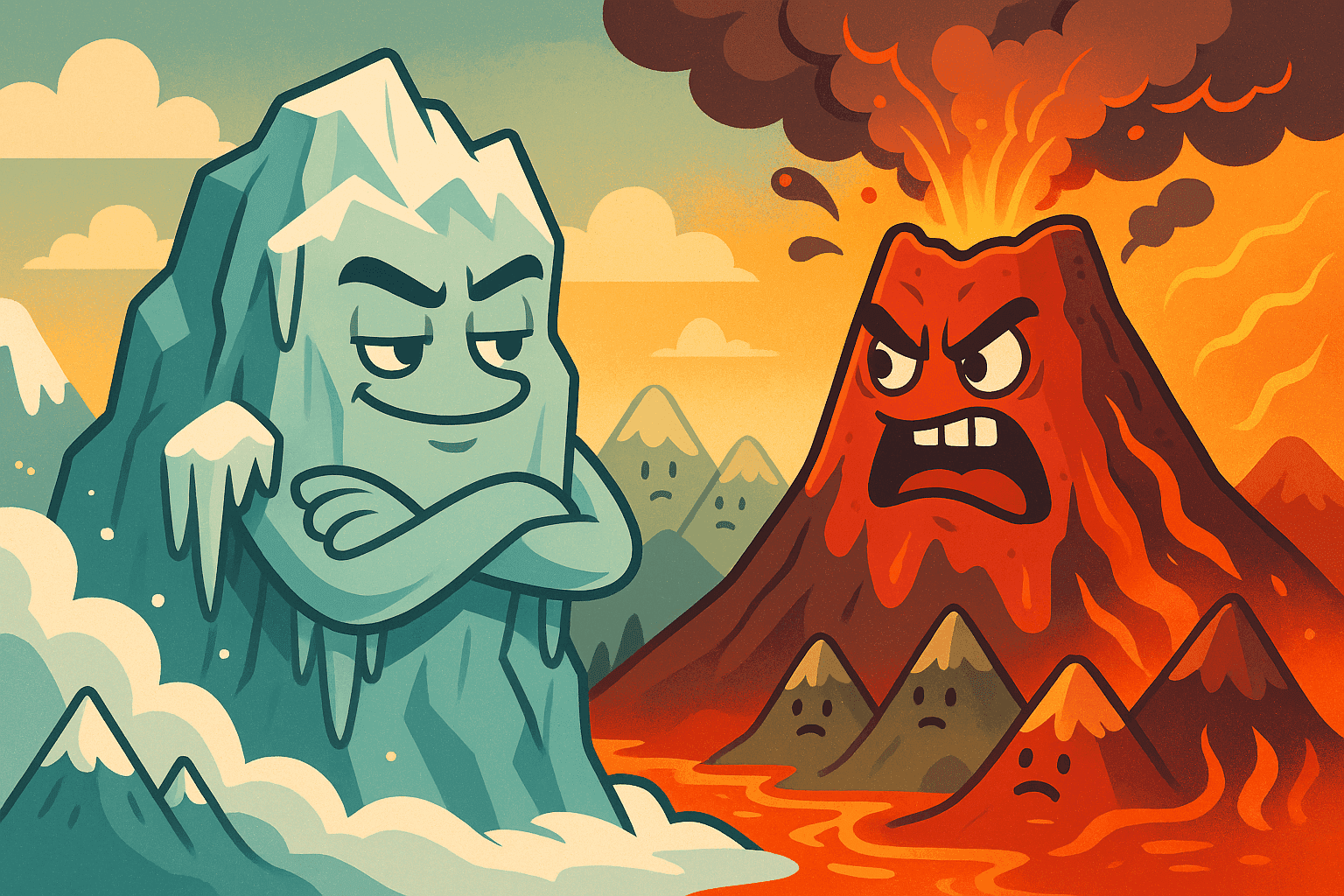 A calm cartoon glacier speaking to an erupting angry volcano, with contrasting ice and fire elements
