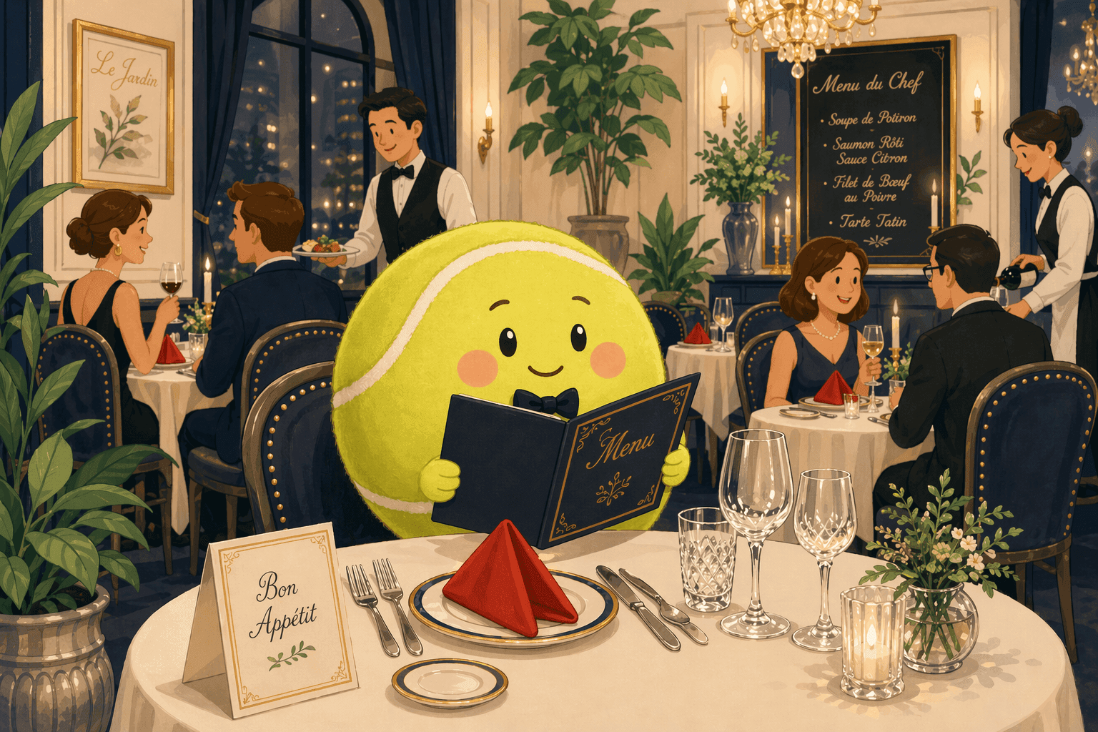 A cartoon person at a restaurant table wearing a round outfit