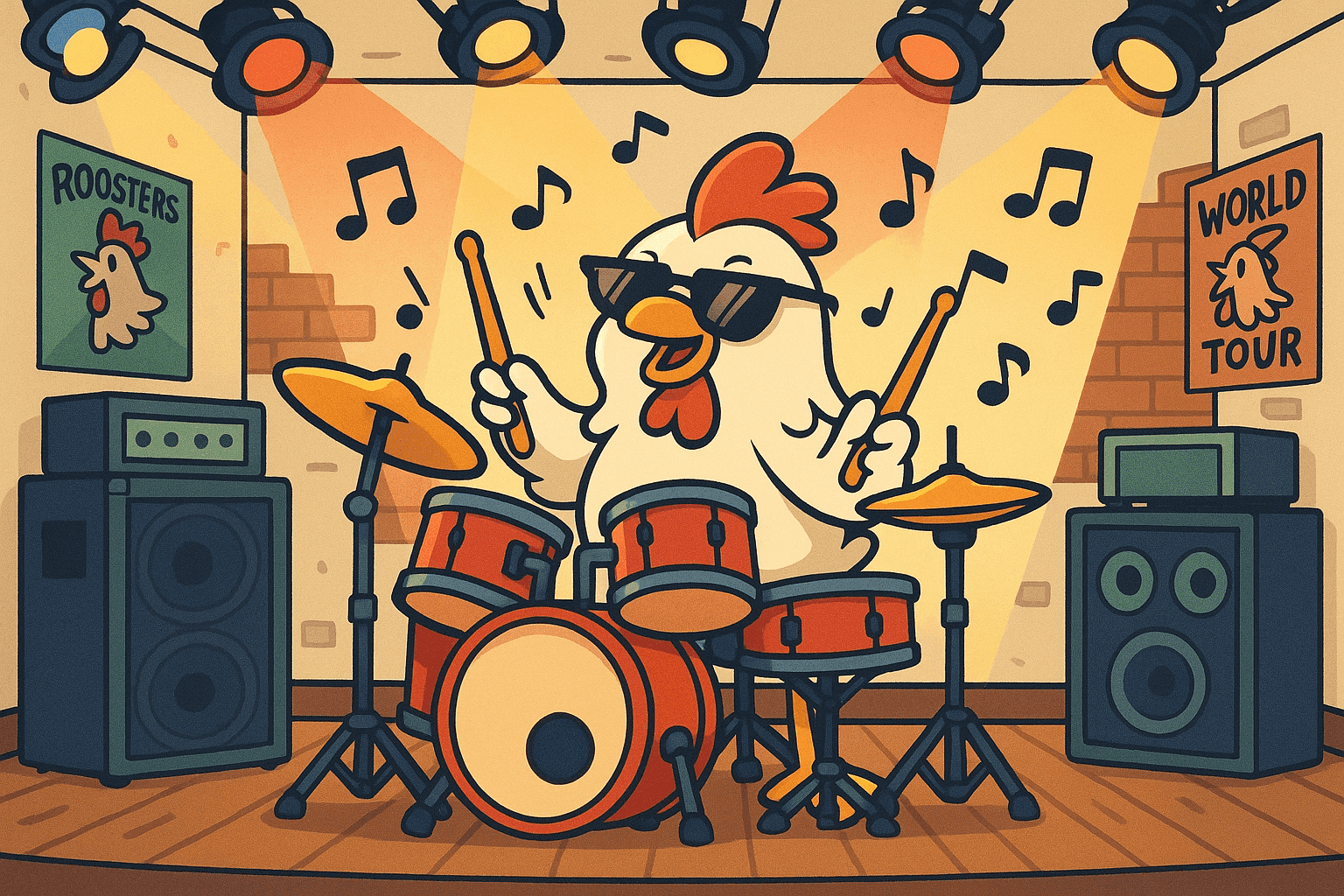 Cartoon illustration of a cool chicken wearing sunglasses sitting behind a drum set on stage, holding drumsticks in its feet, with stage lights, amplifiers, and musical notes floating around, band practice room setting with posters and equipment in cream, dark blue-gray, sage green, yellow, and bright red colors
