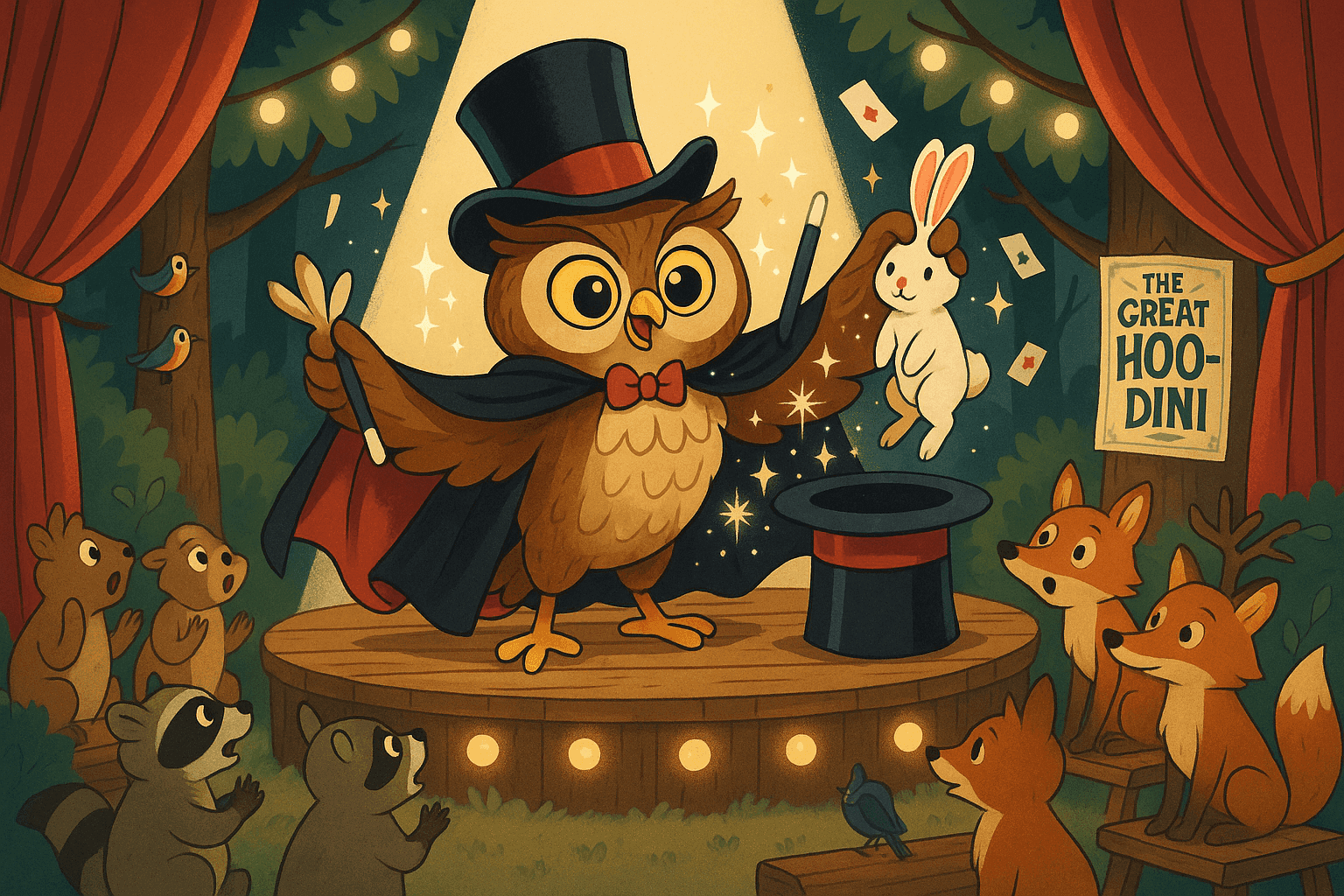 Cartoon illustration of a wise owl wearing magician's top hat and cape performing magic tricks on stage, pulling rabbit from hat, wand in wing, spotlight shining, amazed forest animals watching as audience in cream, dark blue-gray, sage green, yellow, and bright red colors