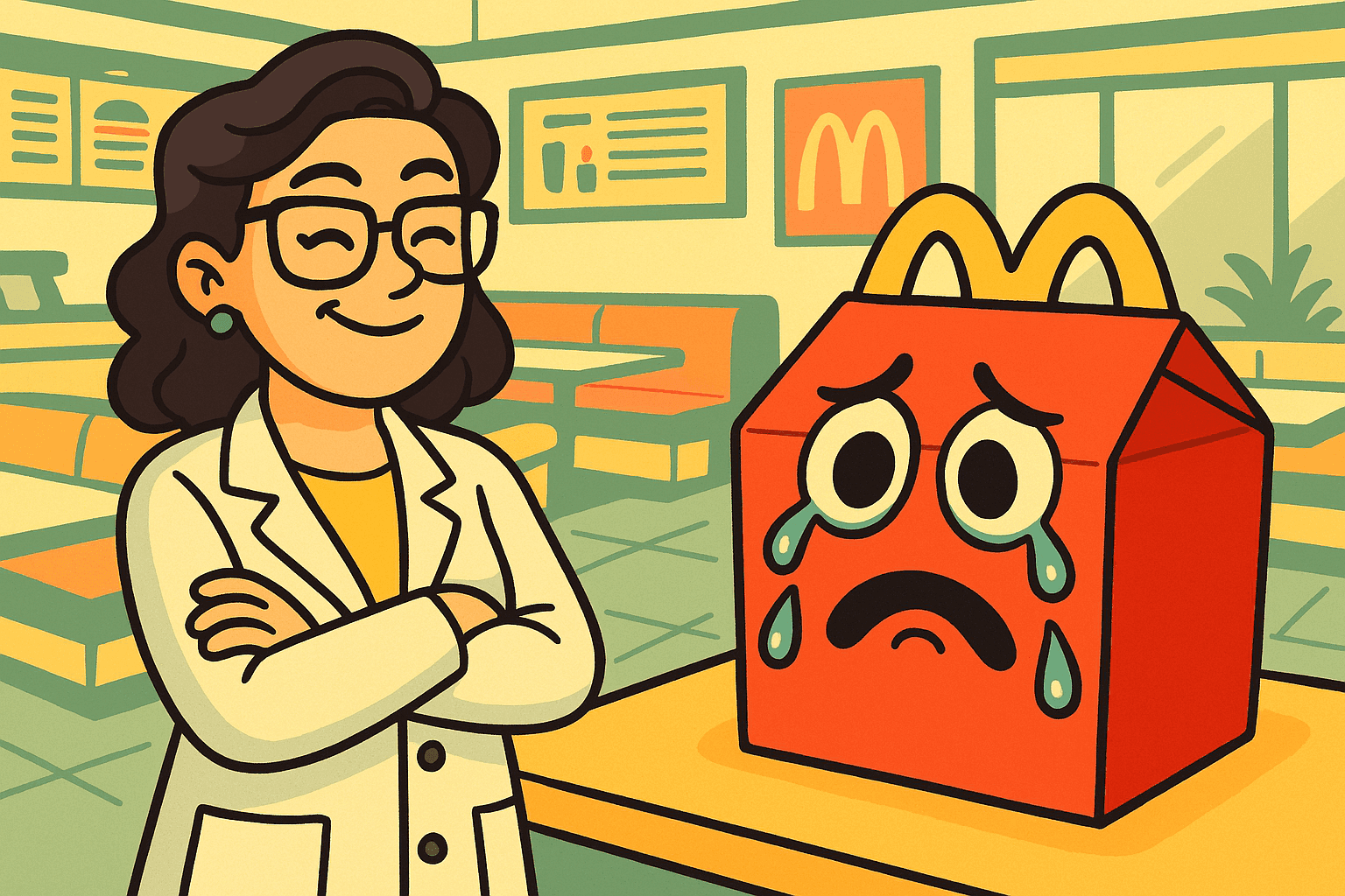 Cartoon illustration of a brilliant woman in glasses standing next to a crying Happy Meal box with tears streaming down, set in a colorful McDonald's restaurant interior