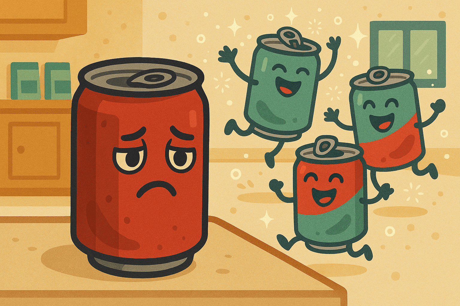 A sad cartoon soda can with droopy eyes sitting deflated next to energetic, bubbly soda cans that are bouncing and sparkling with fizzy bubbles around them