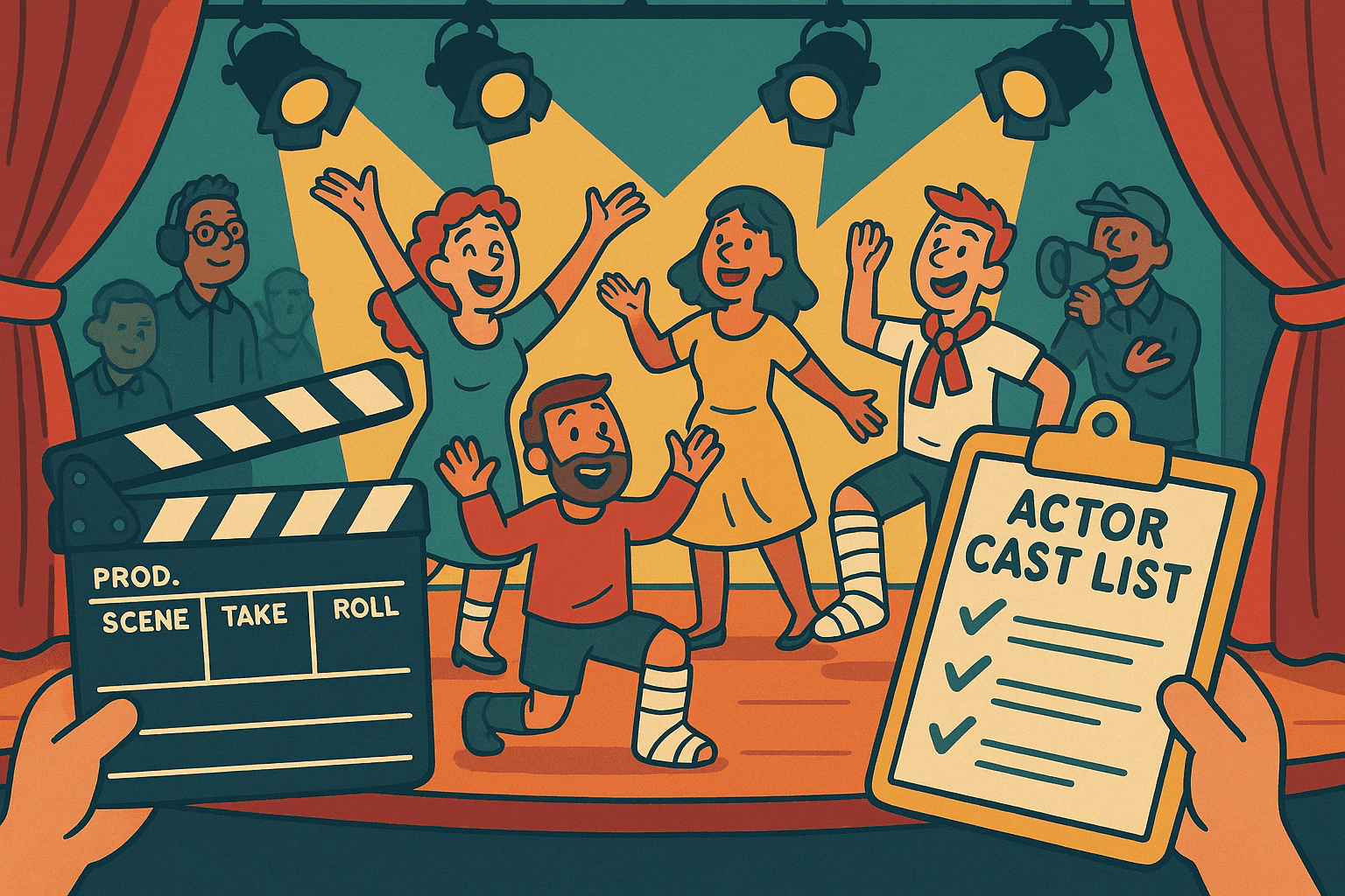 A humorous cartoon illustration of actors on stage with leg casts being used as props, while a movie clapperboard and cast list are visible, emphasizing the double meaning of 'cast'