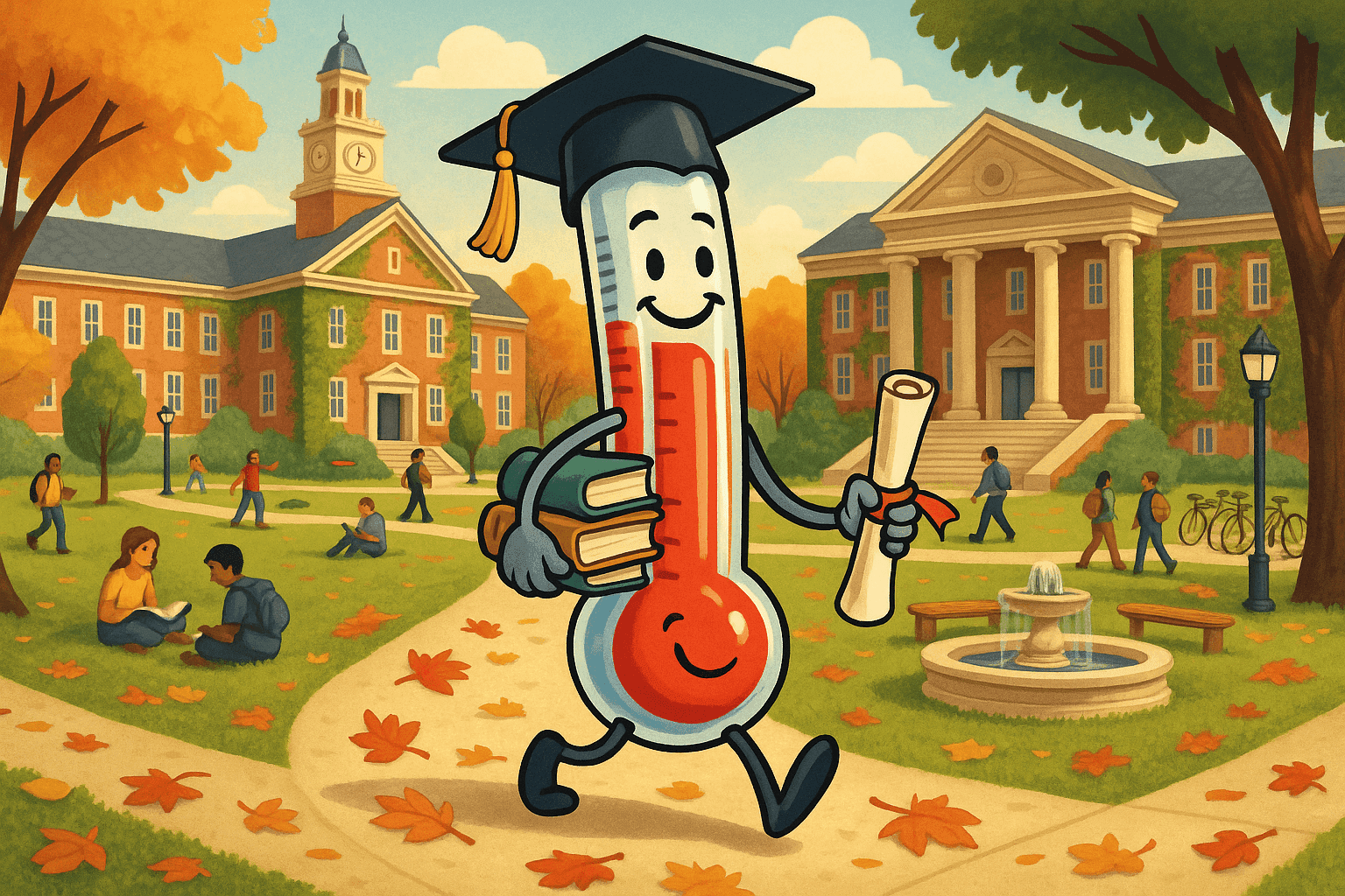 Cartoon illustration of a personified thermometer wearing a graduation cap and carrying textbooks walking across a college campus with historic buildings, students on lawn, diploma in hand, autumn university setting in cream, dark blue-gray, sage green, yellow, and bright red colors