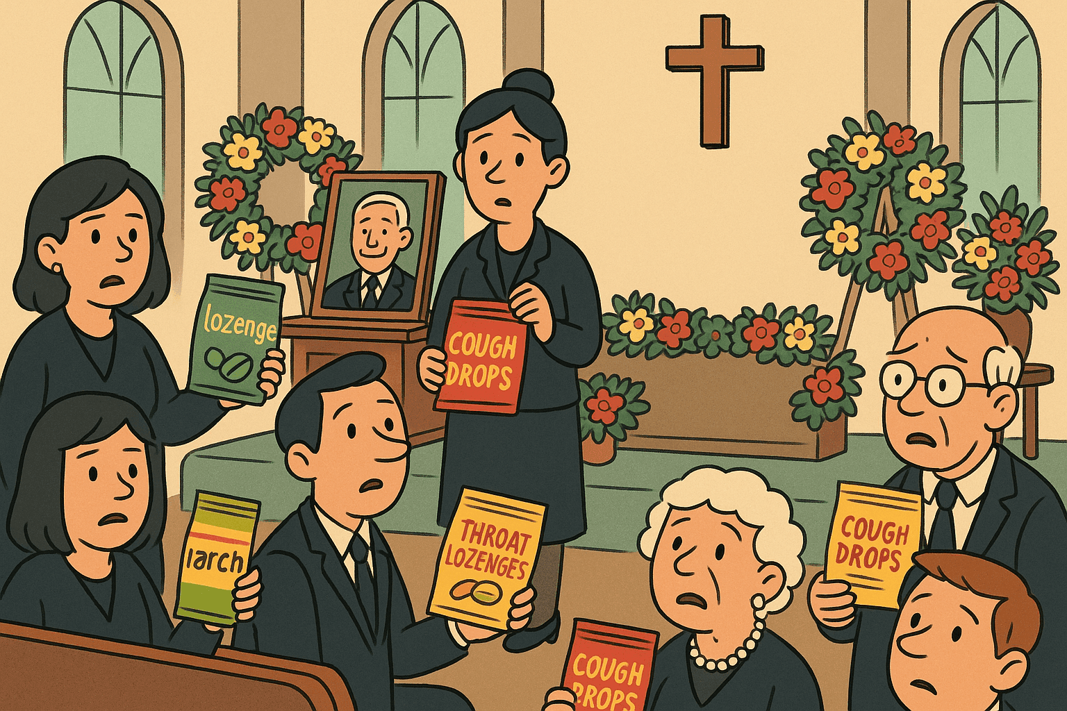 A humorous cartoon illustration of a funeral service with mourners holding cough drops, but conspicuously missing a coffin, with flowers and memorial arrangements in a somber setting