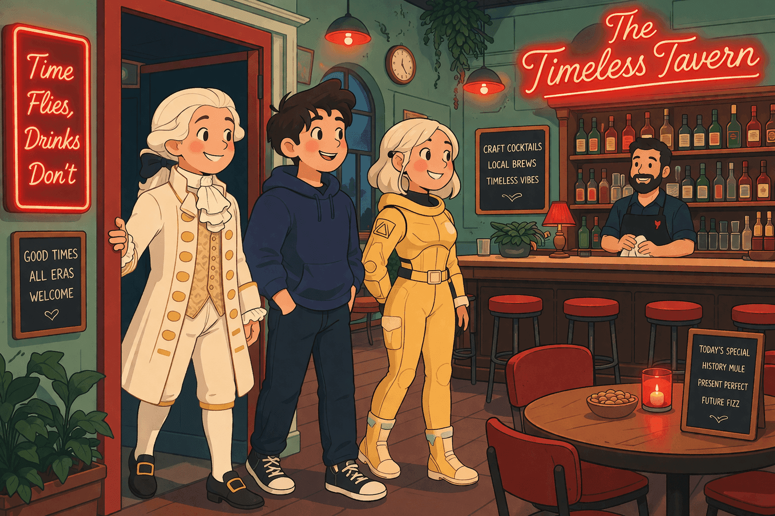 Three cartoon figures representing different time periods entering a bar