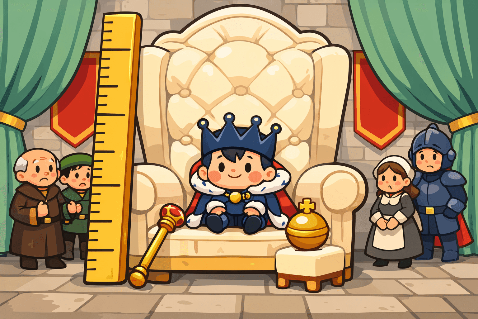 A cartoon tiny king sitting on an oversized throne with measuring tools nearby