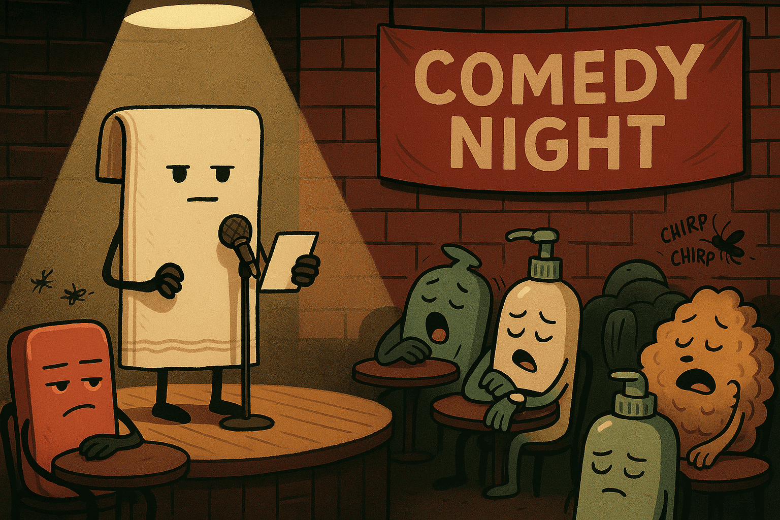 A cartoon towel with a serious face trying to tell jokes to other towels who look unimpressed