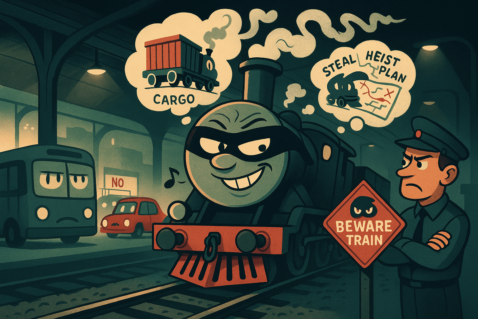 A suspicious cartoon train with a sneaky expression and shifty eyes on railroad tracks