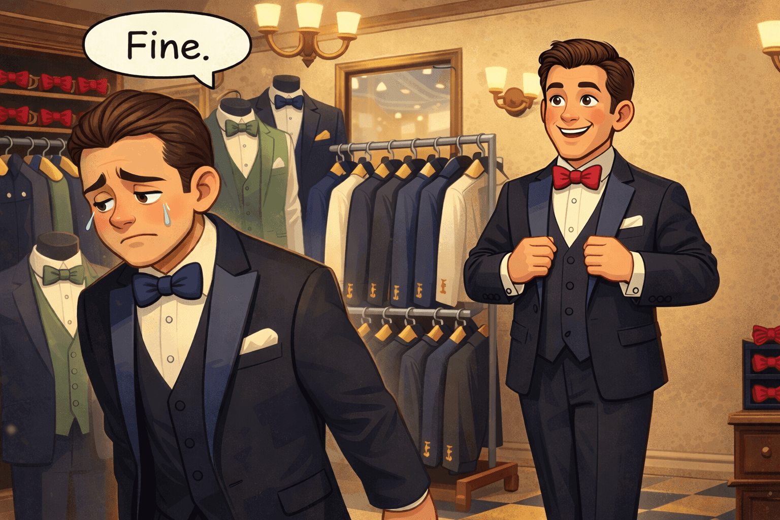A cartoon tuxedo store owner shrugging with racks of formal suits behind him