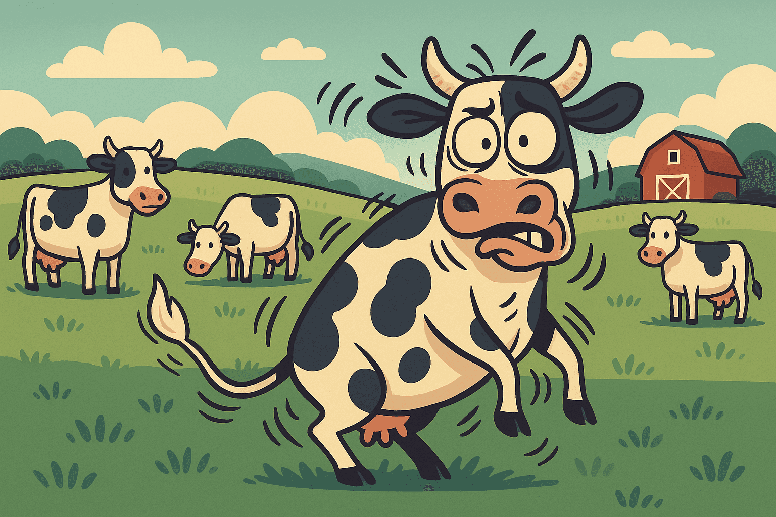 A cartoon cow with a nervous expression constantly twitching and jerking its body while standing in a pasture, with other calm cows looking on curiously, creating the beef jerky visual pun
