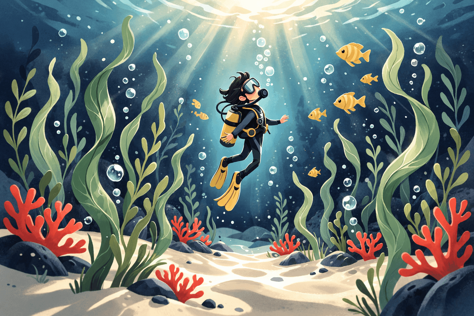 A cartoon person underwater surrounded by floating seaweed looking elevated