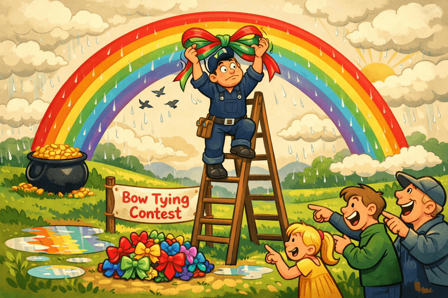 A cartoon person trying to tie a rainbow in the sky with confused expression