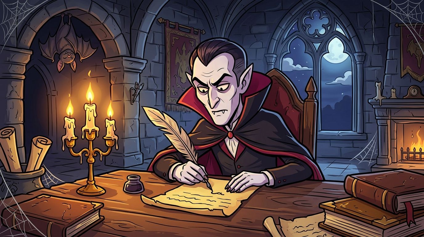 Cartoon of a friendly vampire writing a letter with a quill pen at a castle desk while a little bat waits holding an envelope