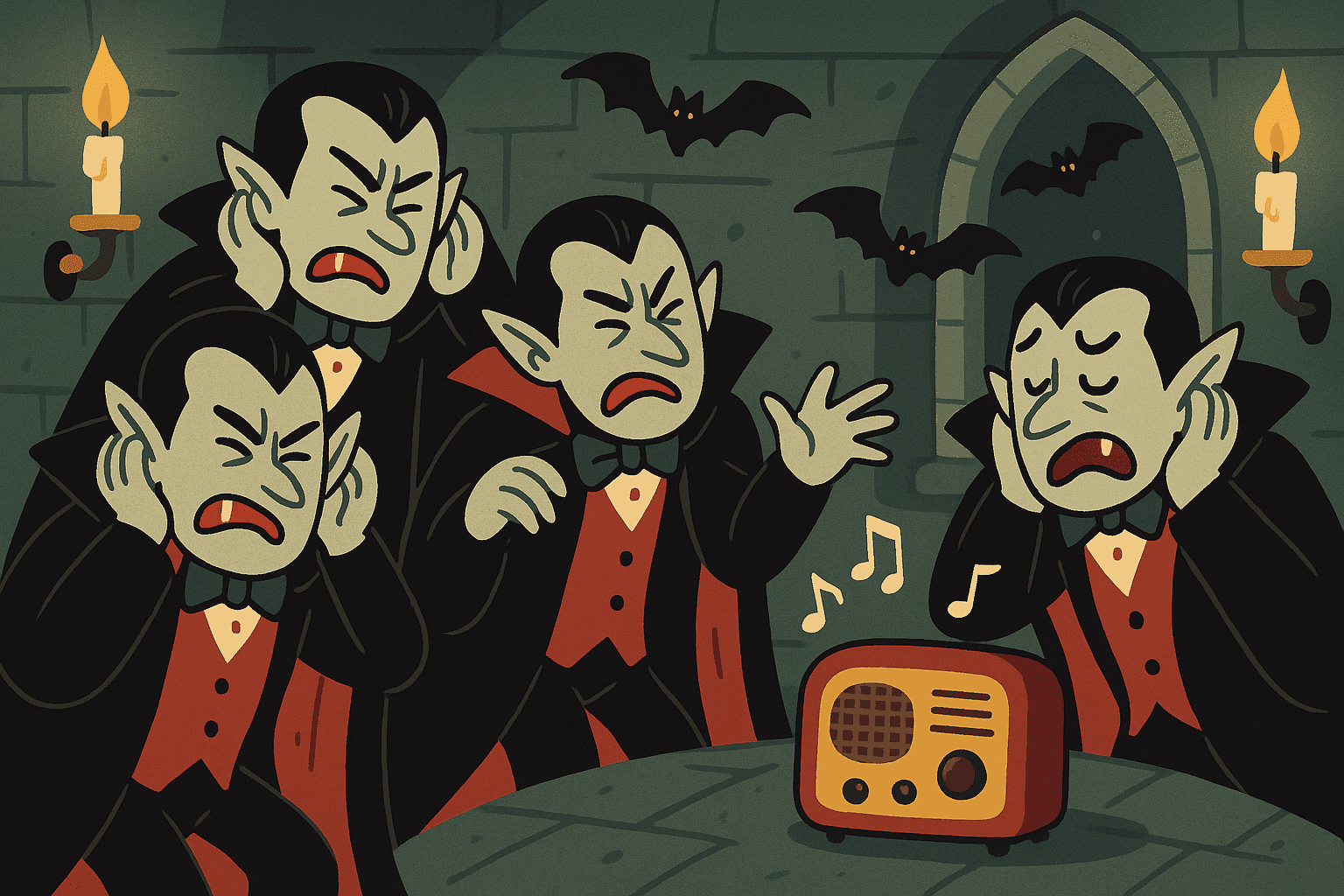 A humorous cartoon illustration of vampires with capes covering their ears and looking disgusted while a radio plays music, with bats flying around in a dark castle setting
