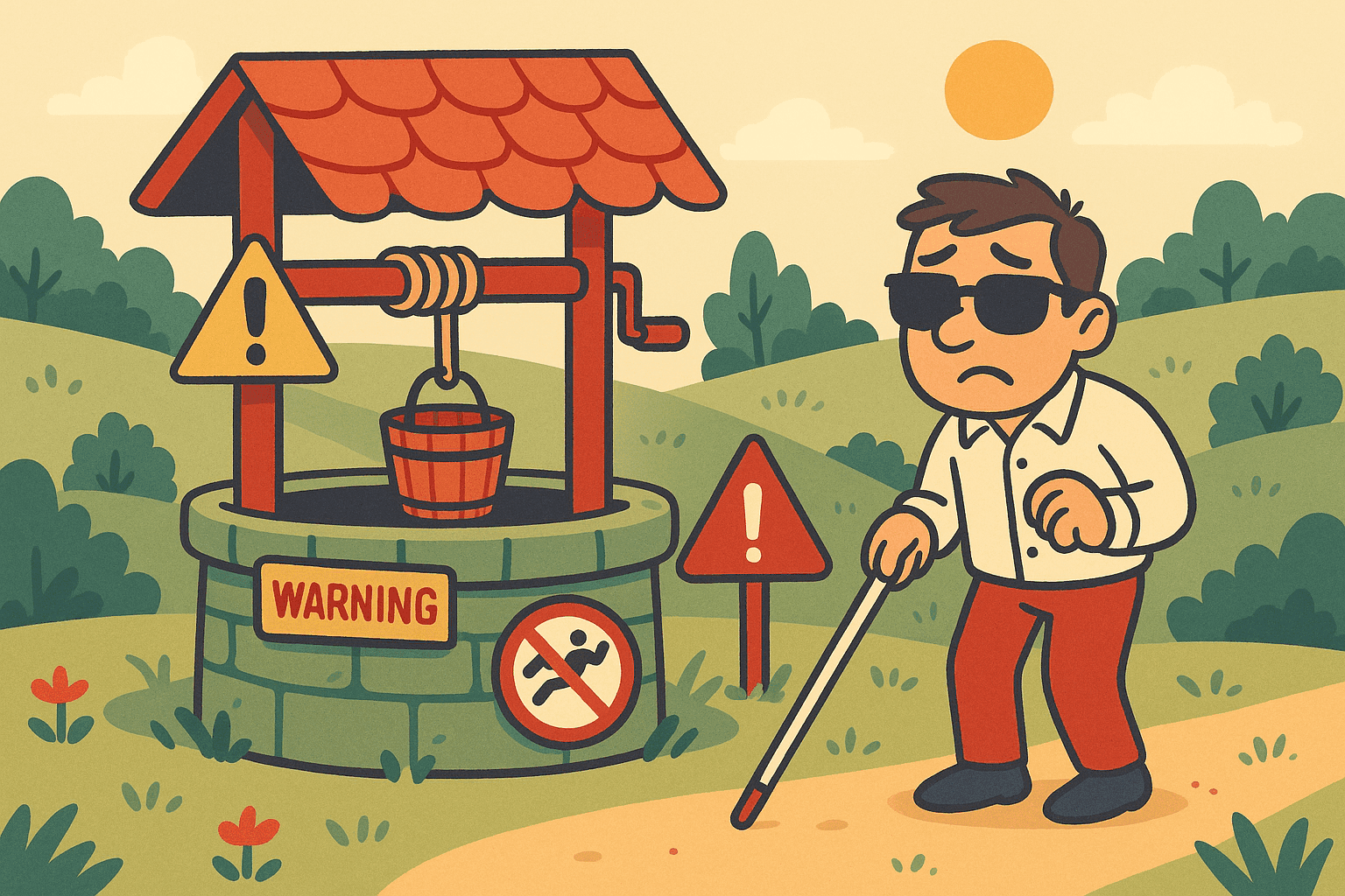 A humorous cartoon illustration of a concerned-looking man with a walking stick standing near an old stone well in a countryside setting, with warning signs around the well