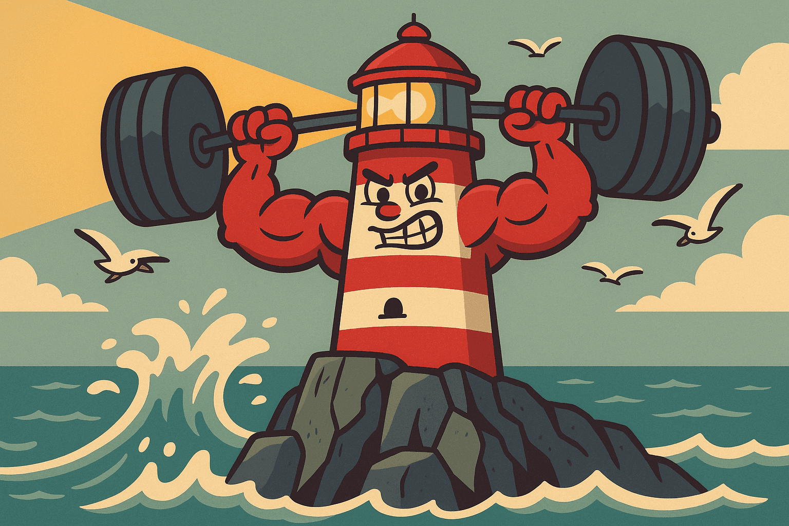 A humorous cartoon illustration of a lighthouse with muscular arms lifting weights, standing proudly on a coastal cliff with waves crashing below and a bright beam of light shining from its top