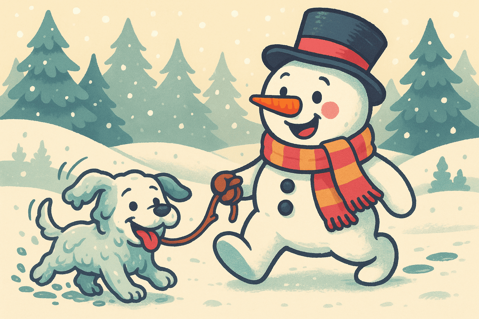 A cartoon snowman with a carrot nose and scarf walking a cute puppy made of slush and snow, both playing happily in a winter wonderland with snowflakes falling around them