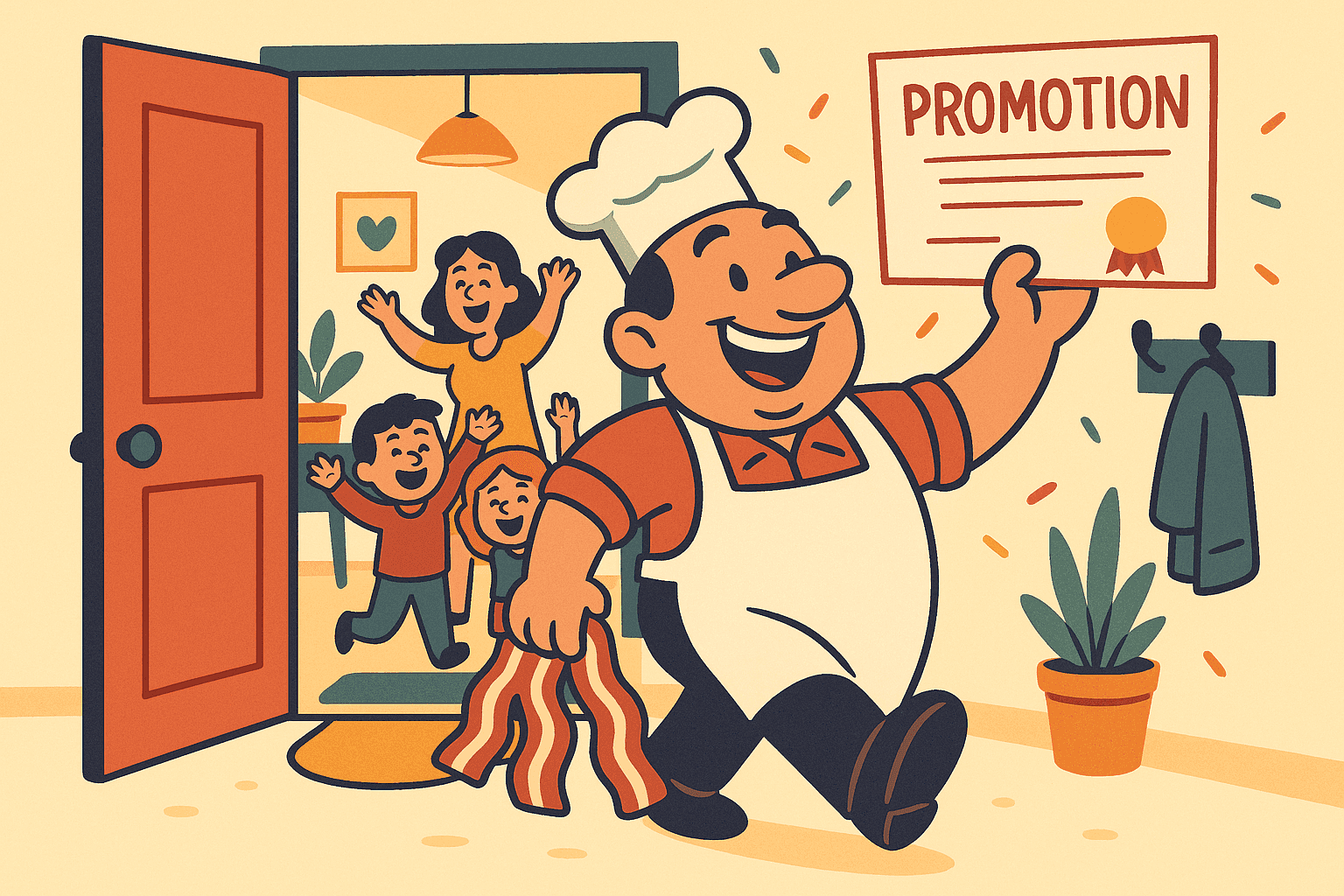 A cartoon butcher in a white apron proudly carrying strips of bacon while walking through the front door of his home, with a promotion certificate in his other hand and his family cheering in the background