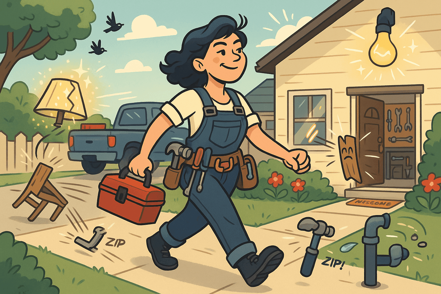 Cartoon illustration of a confident woman in tool belt walking toward house while broken appliances and furniture magically repair themselves in fear, items jumping back together, suburban home with workshop tools in cream, dark blue-gray, sage green, yellow, and bright red colors