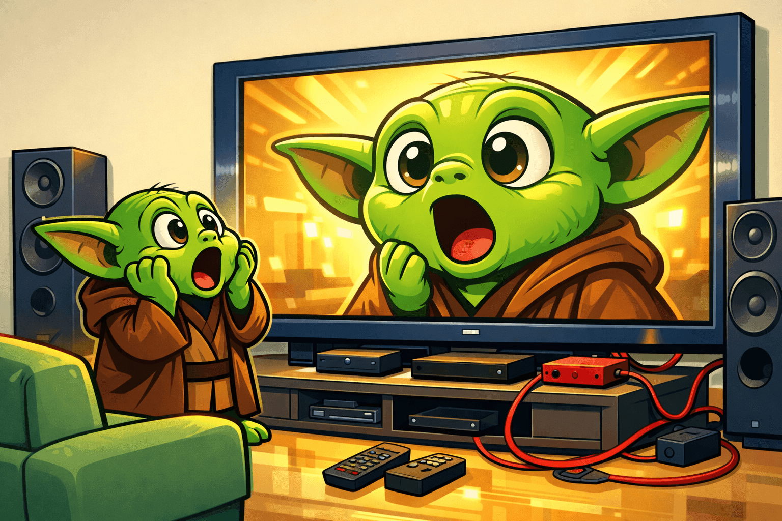 A cartoon character looking amazed at a high-definition TV screen