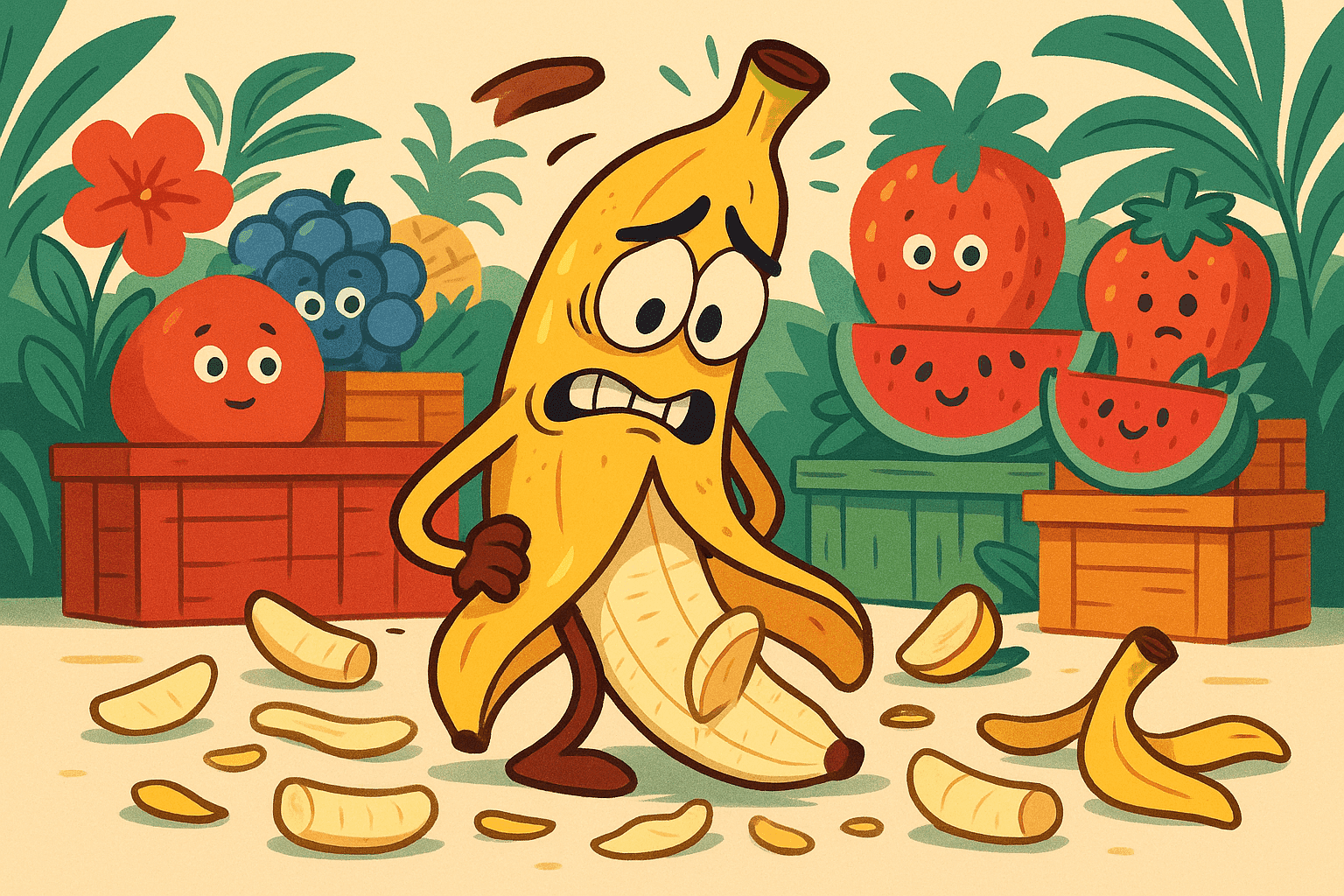 Cartoon illustration of a guilty-looking banana with a sheepish expression, caught in the act of splitting apart, with banana pieces scattered around it in a tropical fruit market setting