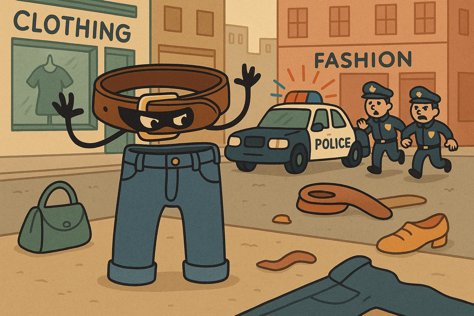 Cartoon illustration of a mischievous belt with a sneaky expression wearing a tiny mask, caught in the act of holding up a pair of pants while police sirens flash in the background