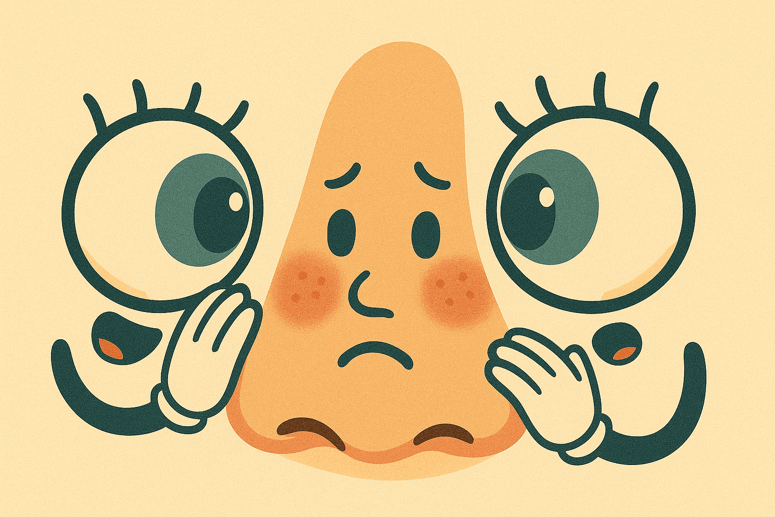Cartoon illustration of two anthropomorphic eyes with expressive faces whispering to each other, with a nose between them looking embarrassed in a colorful face setting