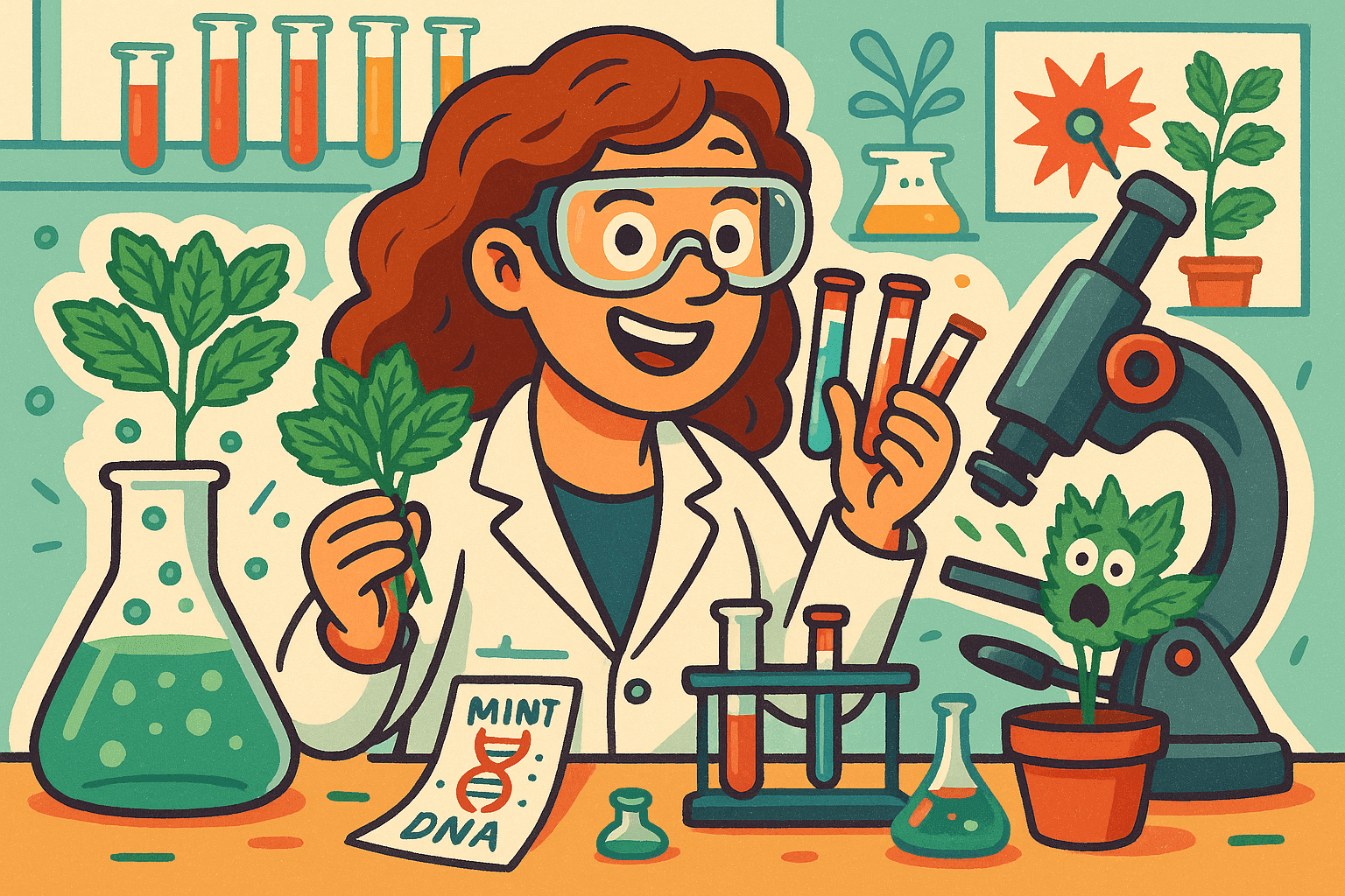 Cartoon illustration of a cheerful female scientist in a lab coat holding mint leaves and test tubes, with laboratory equipment and mint plants around her