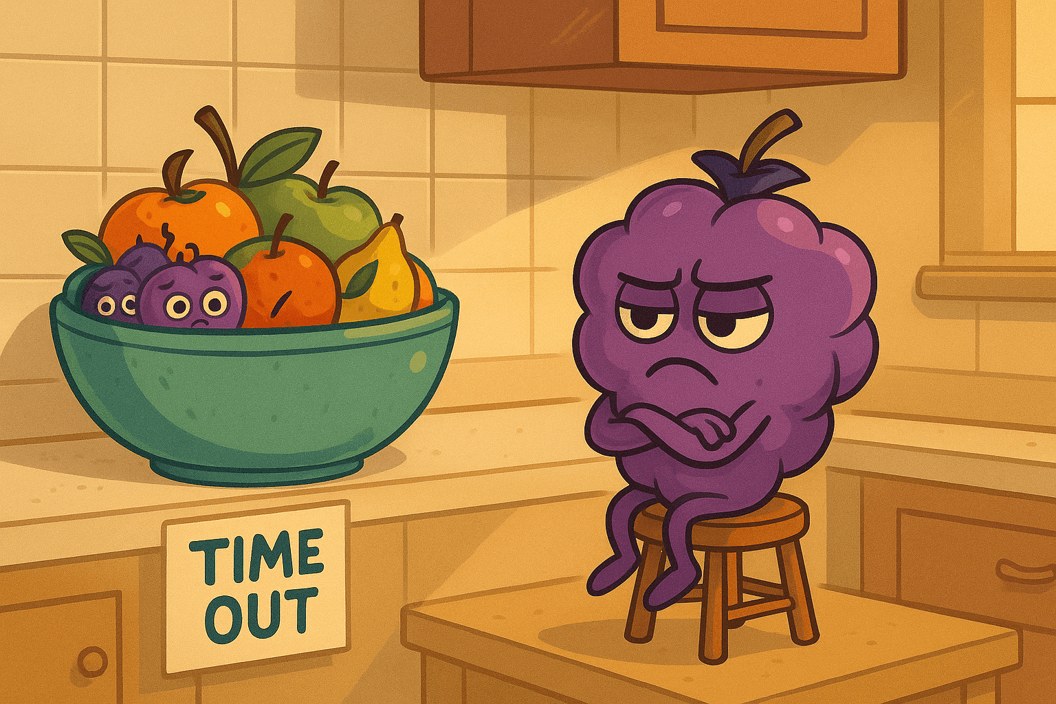 Cartoon illustration of a mischievous purple grape with arms crossed sitting in a timeout corner, with other worried grapes watching from a fruit bowl nearby