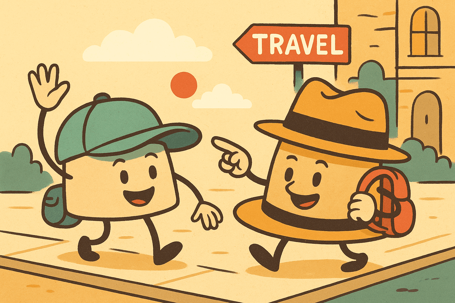 Cartoon illustration of two friendly hats with anthropomorphic faces having a conversation, one wearing a travel backpack and pointing forward enthusiastically